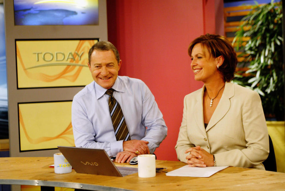 The hosts of Channel Nine's 'The Today Show', Steve Liebmann and Tracy Grimshaw, on set, 15 April 2004