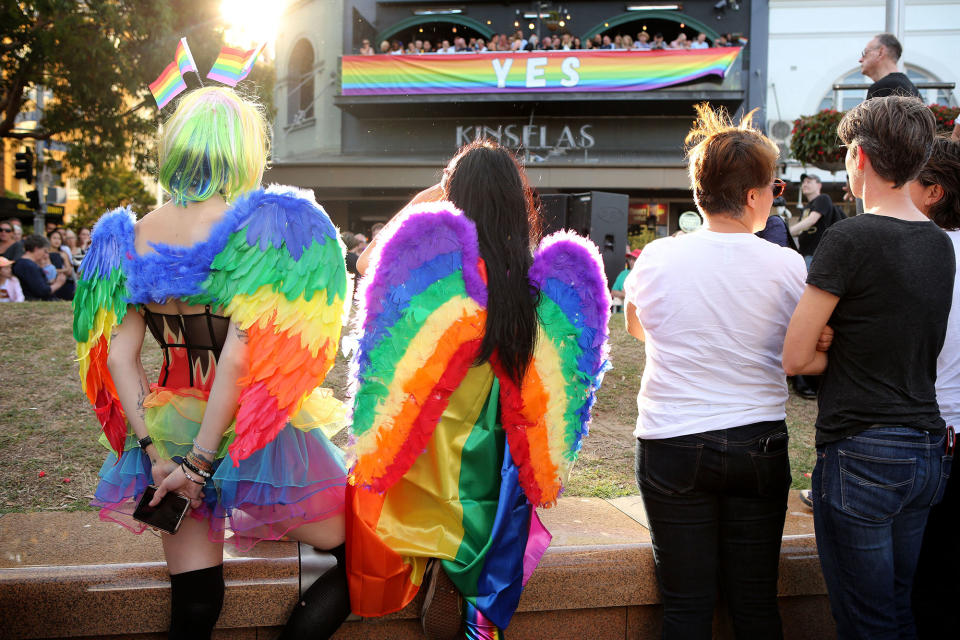 <p>Crowds supporting the Same Sex Marriage Survey listen to politicians and advocates at Taylor Square in the heart of Sydney’s gay precinct on Nov. 15, 2017 in Sydney, Australia. (Photo: James Alcock/Getty Images) </p>