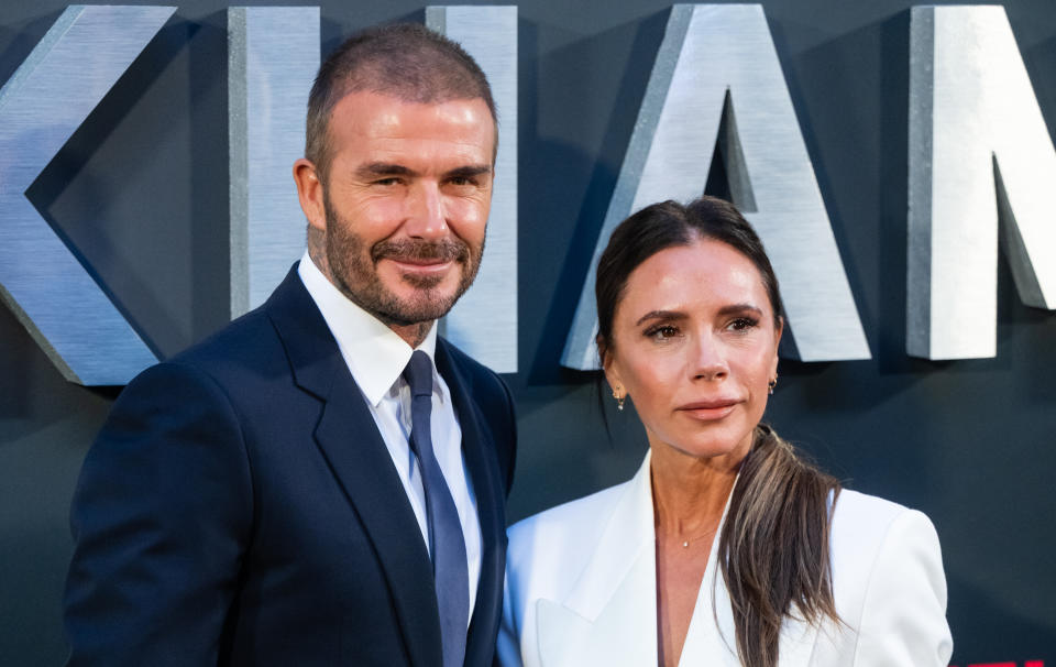 LONDON, ENGLAND - OCTOBER 03: David Beckham and Victoria Beckham attend the Netflix 'Beckham' UK Premiere at The Curzon Mayfair on October 03, 2023 in London, England. (Photo by Samir Hussein/WireImage)