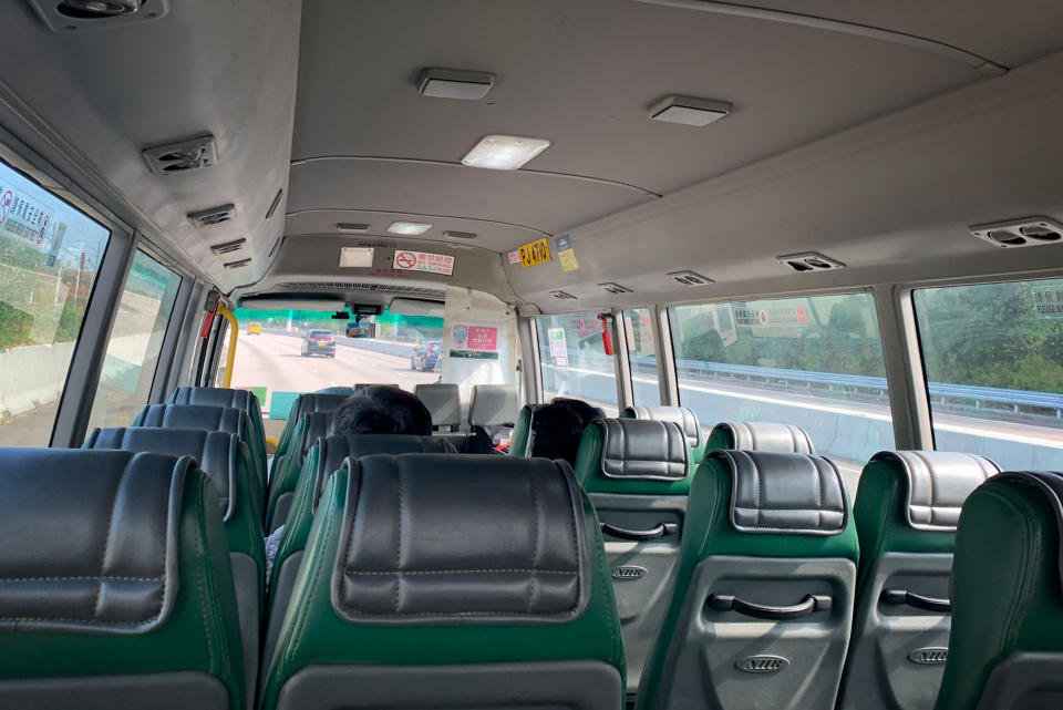 On the bus from the airport to the Penny’s Bay government quarantine center.  (Jennifer Jett / NBC News)