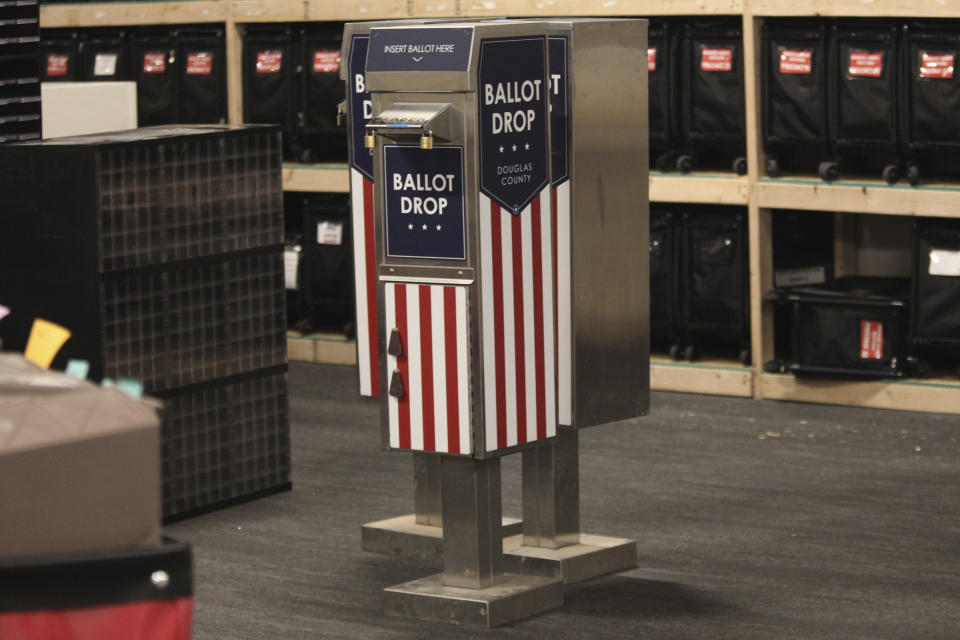 A ballot drop boxes used in Douglas County, Kansas, sits in storage in a warehouse in Lawrence, Kan., on Monday, March 21, 2022. Republican lawmakers across the U.S. have questioned the security of such drop boxes. (AP Photo/John Hanna)