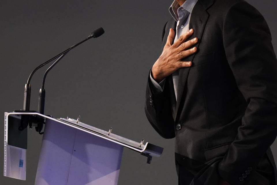 Former U.S. President Barack Obama gestures as he speaks during the COP26 U.N. Climate Summit in Glasgow, Scotland, Monday, Nov. 8, 2021. The U.N. climate summit in Glasgow is entering it's second week as leaders from around the world, are gathering in Scotland's biggest city, to lay out their vision for addressing the common challenge of global warming. (AP Photo/Alberto Pezzali)