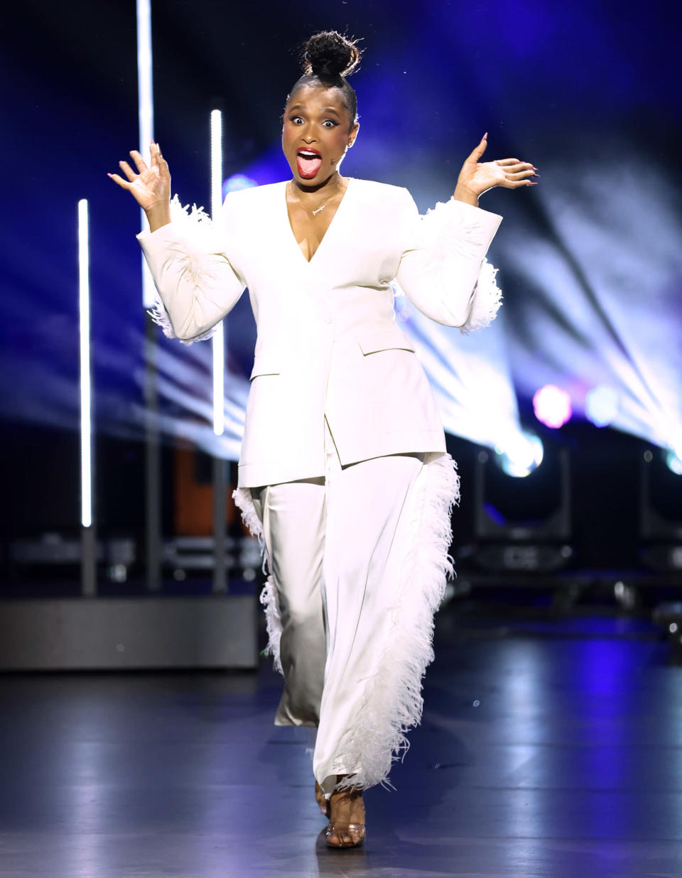 <p>As she prepares to kick off her own daytime talk show, Jennifer Hudson speaks onstage during the Warner Bros. Discovery Upfront 2022 show at MSG Studios in N.Y.C. on May 18.</p>