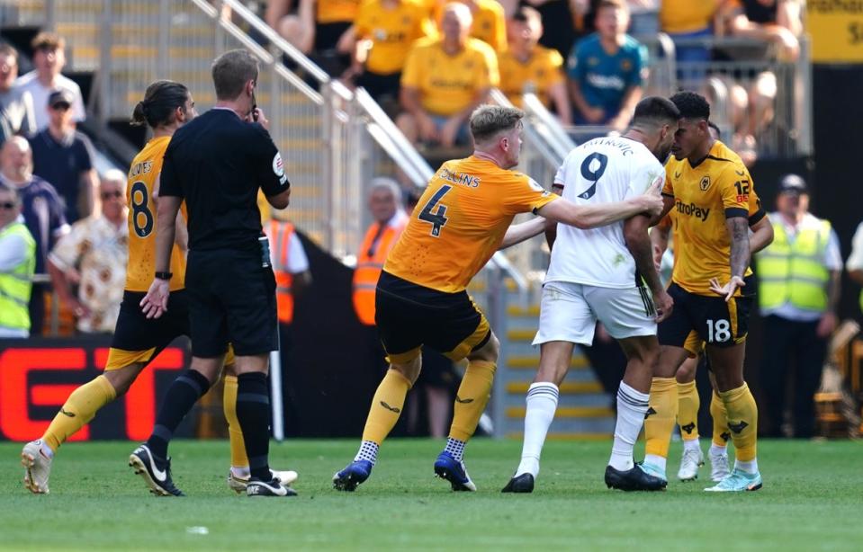 Wolves’ Morgan Gibbs-White, right, and Aleksandar Mitrovic clashed in Saturday’s goalless stalemate at Molineux (David Davies/PA) (PA Wire)