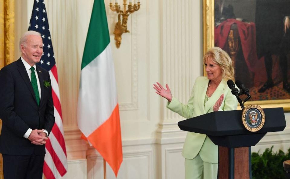 Joe Biden and Jill Biden wear matching green outfits at a St. Patrick's Day event at the White House