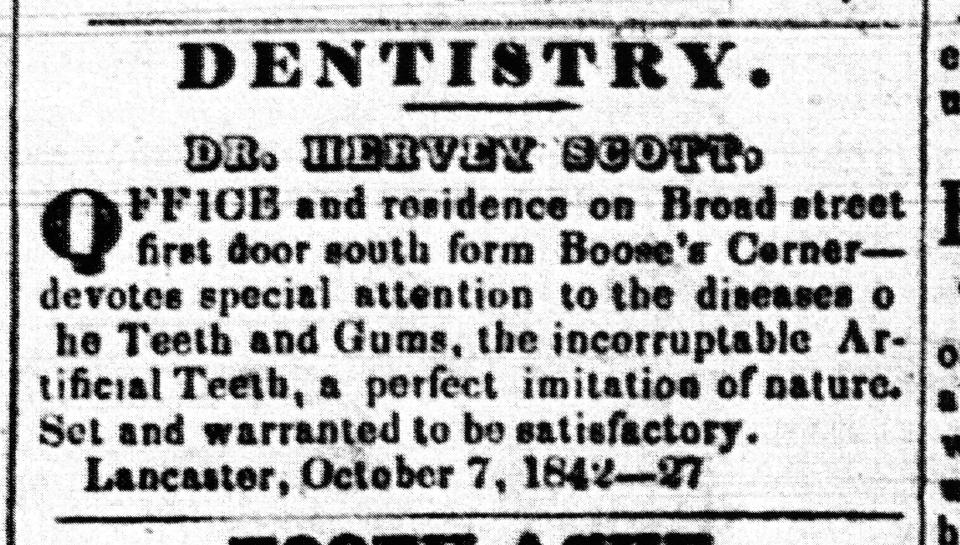 Dr. Hervey Scott placed this ad in the Gazette & Express newspaper on October 7, 1842.