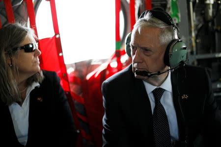 U.S. Defense Secretary James Mattis (R) and senior advisor Sally Donnelly (L) arrive via helicopter at Resolute Support headquarters in Kabul, Afghanistan April 24, 2017. REUTERS/Jonathan Ernst