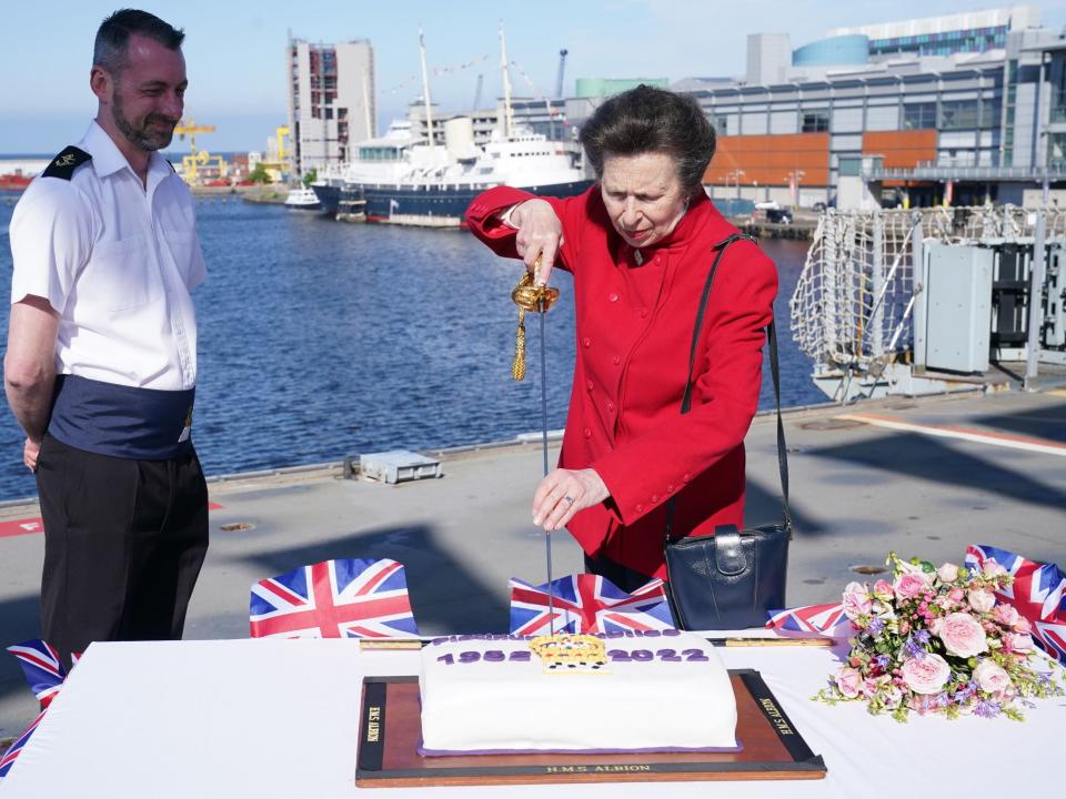 The Princess Royal uses the Captain's Sword by  to cut a commemorative Jubilee cake during her visit to HMS Albion (PA)