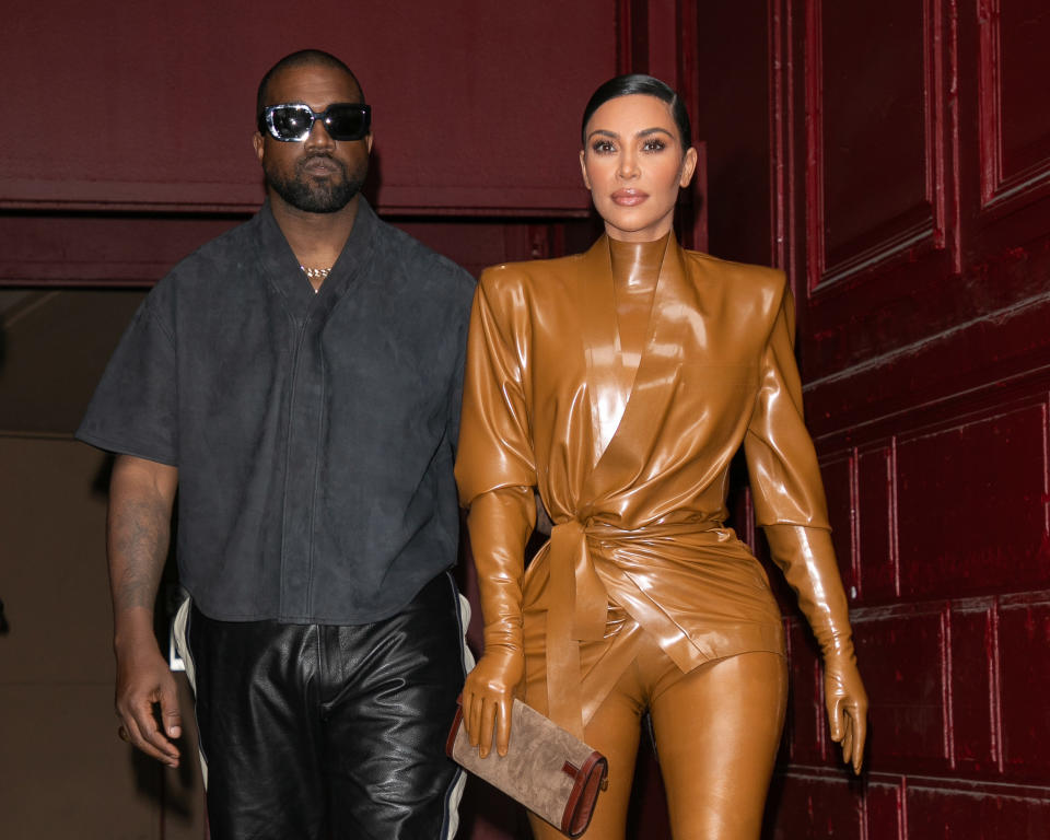 PARIS, FRANCE - MARCH 01: Kim Kardashian West and husband Kanye West leave K.West's Sunday Service At Theatre Des Bouffes Du Nord - Paris Fashion Week Womenswear Fall/Winter 2020/2021 on March 01, 2020 in Paris, France. (Photo by Marc Piasecki/WireImage)