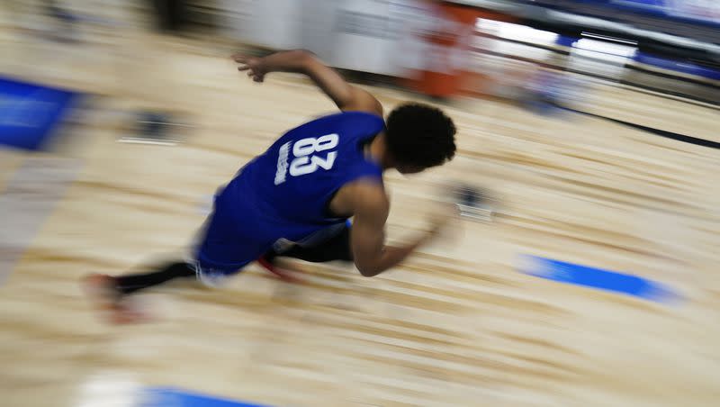 Jalen Wilson participates during the NBA basketball draft combine in Chicago, Monday, May 15, 2023. Jazz brass spent the week in the Windy City getting a look at potential draft picks