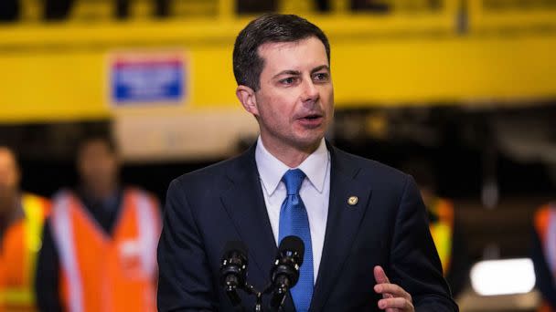 PHOTO: Transportation Secretary Pete Buttigieg gives a speech on the Hudson River tunnel project at the West Side Yard on Jan. 31, 2023, in New York. (Michael M. Santiago/Getty Images)