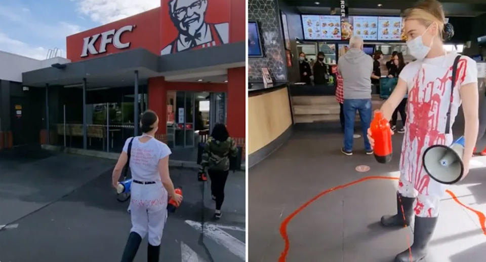 Left: Vegan activist Tash Peterson walking inside KFC wearing white with fake blood Right: Vegan activist Tash Peterson inside KFC store pouring fake blood on the ground 