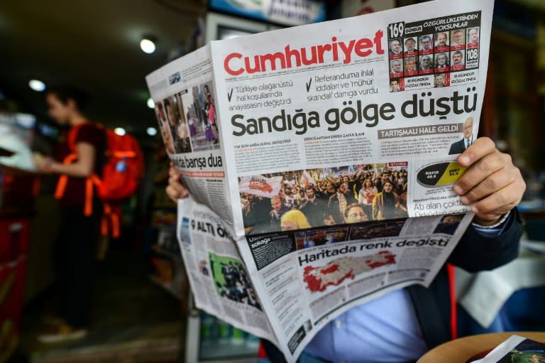 In Turkey after the referendum, opposition newspaper Cumhuriyet ran a headline focused on alleged vote violations: "A shadow fell over the ballot boxes"
