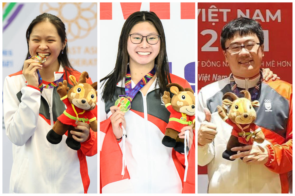 Singapore's debutant gold medallists at the Hanoi SEA Games: (from left) fencer Elle Koh, swimmer Letitia Sim and xiangqi player Alvin Woo. (PHOTOS: Sport Singapore/SNOC)