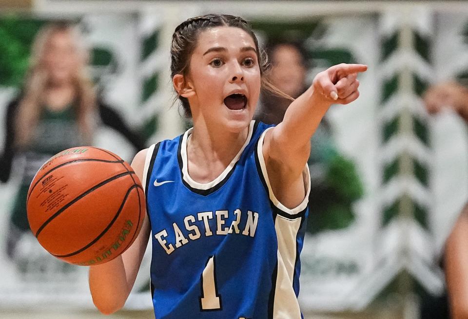 Eastern Hancock Royals McKenzie Koch (1) yells to teammates across the court Saturday, Nov. 11, 2023, during the game at Triton Central High School in Fairland. The Eastern Hancock Royals defeated the Triton Central Tigers, 50-41.