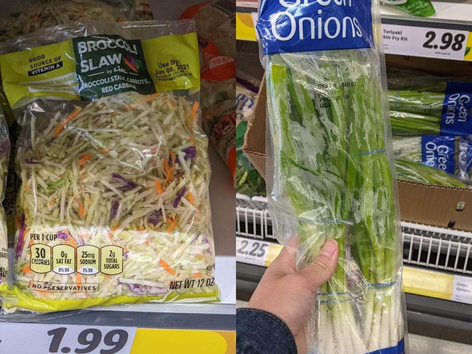 Side by side of Lidl salad and produce section and prices.