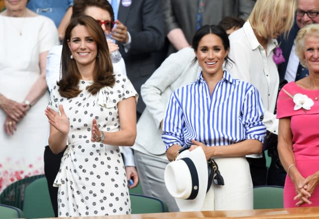 Catherine, Princess of Wales (then Duchess of Cambridge) and Meghan, Duchess of Sussex attend day twelve of the Wimbledon Tennis Championships at the All England Lawn Tennis and Croquet Club on July 14, 2018 in London (Photo by Karwai Tang/WireImage)