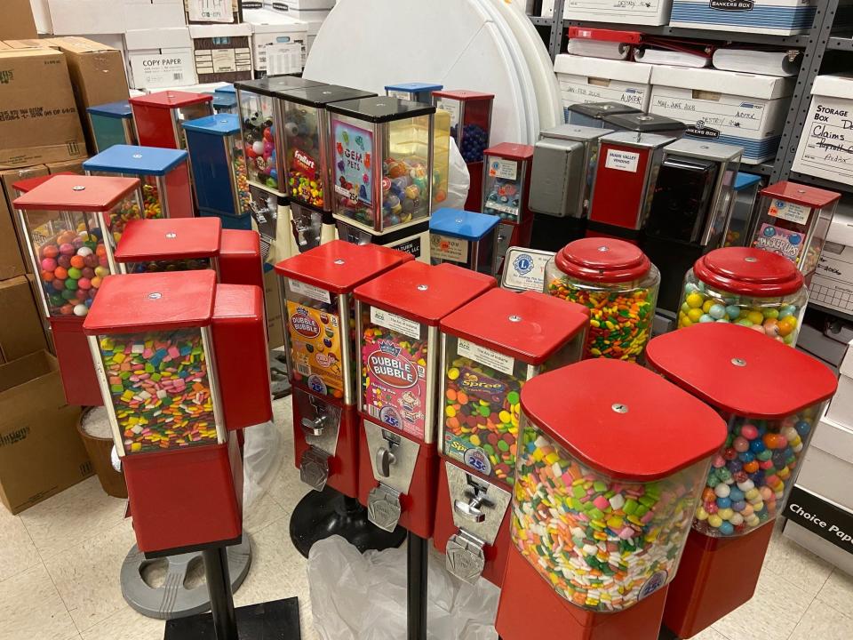 About 30 gumball and candy machines are currently stored in a Wayne County Administration Building room.