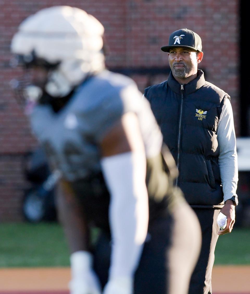 Head football coach Eddie Robinson, Jr., looks on during an Alabama State University football practice / scrimmage on the ASU campus in Montgomery, Ala., on Thursday March 28, 2024.