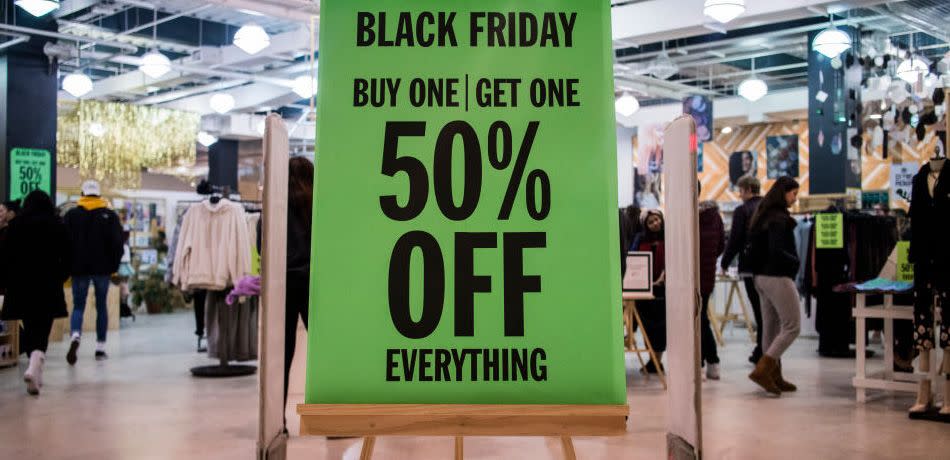 A Black Friday sale sign at Urban Outfitters in the Mall of America on November 24, 2017 in Bloomington, United States.