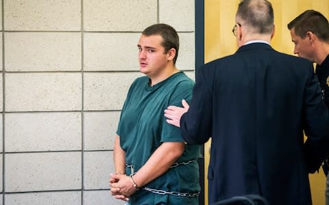 Collin Daniel Richards makes his initial court appearance after being charged with the murder of Iowa State golfer Celia Barquin Arozamena - Credit: The Des Moines Register/Kelsey Kremer