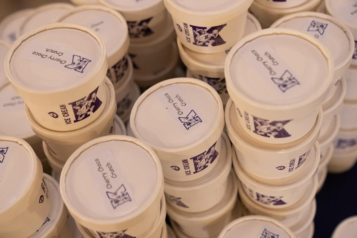 Samples of the newest Call Hall Ice Cream flavor, 'Cherry Choco Crunch', are offered for those visiting the Kansas Statehouse Wednesday for Kansas State Day of Impact.