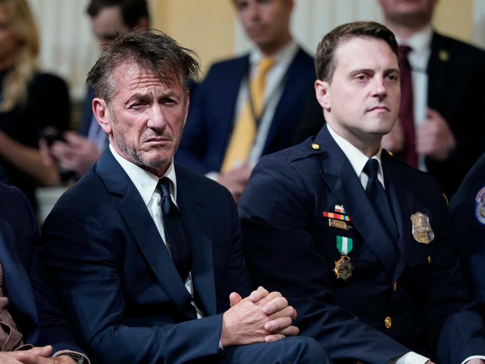 Actor Sean Penn and DC Metropolitan Police Department officer Daniel Hodges at the January 6 committee hearing on Capitol Hill on June 23, 2022.