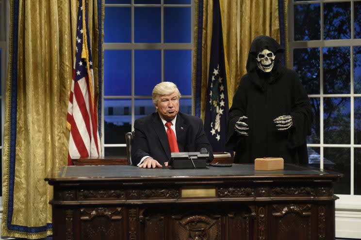 Alec Baldwin as President Trump and Mikey Day as adviser Steve Bannon during the cold open on Feb. 4. (Photo: Will Heath/NBC/NBCU Photo Bank via Getty Images)