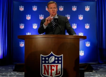 NFL commissioner Roger Goodell speaks during a news conference following the NFL owners autumn meeting in New York City, U.S., October 18, 2017. REUTERS/Brendan McDermid