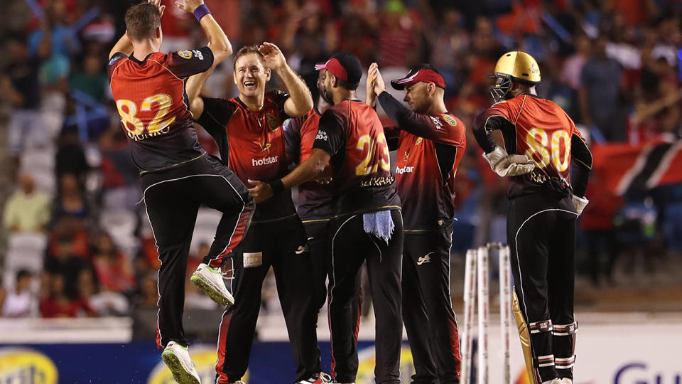 Trinbago Knight Riders celebrate. (Photo by Ashley Allen – CPL T20/Getty Images)