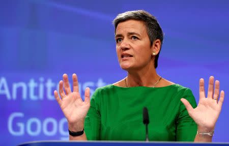 European Competition Commissioner Margrethe Vestager holds a news conference at the EU Commission's headquarters in Brussels, Belgium, June 27, 2017. REUTERS/Francois Lenoir/Files