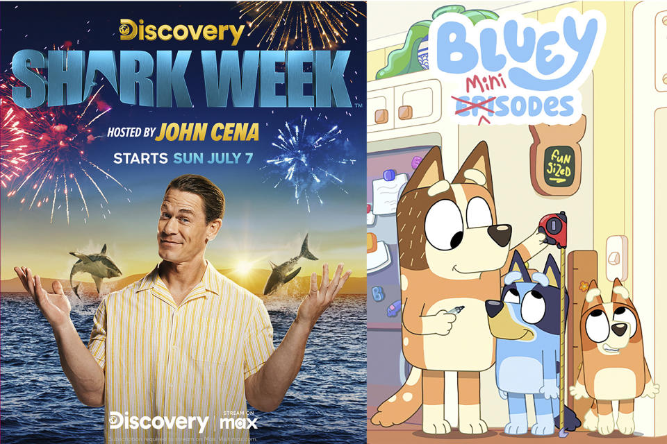 This combination of photos shows promotional art for "Shark Week," left, and the animated children’s series “Bluey." (Discovery via AP, left, and Disney Jr. via AP)