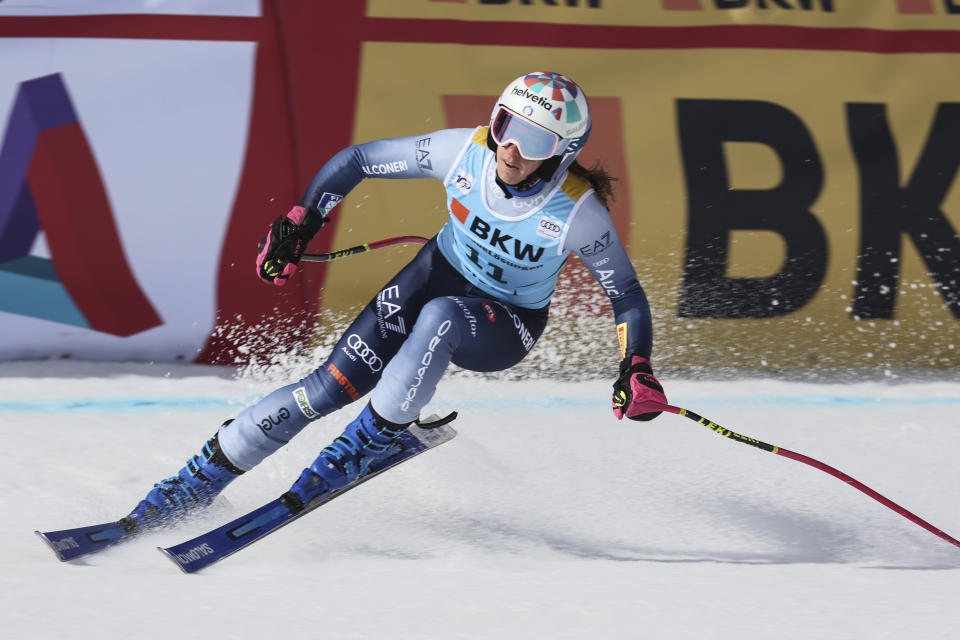 Italy's Marta Bassino gets to the finish area after completing an alpine ski, women's World Cup super-G, in Crans Montana, Switzerland, Sunday, Feb. 18, 2024. (AP Photo/Marco Trovati)