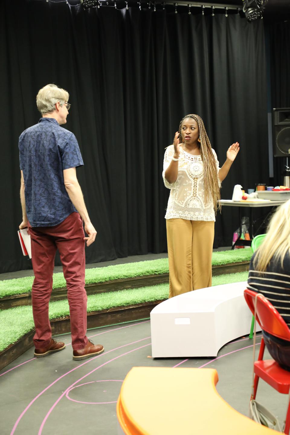 Actor Paul Slade Smith and director Biance Laverne Jones rehearsing a scene from Jonathan Spector’s “Eureka Day” at Asolo Repertory Theatre.