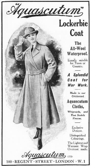 "A Splendid Coat for War Work" boasts that Aquascutum advert.  Companies were not shy of using the war to promote their goods, and the well-off woman was happy to wear good quality clothes.  Aquascutum deserved their reputation for excellent light-weight waterproofs.