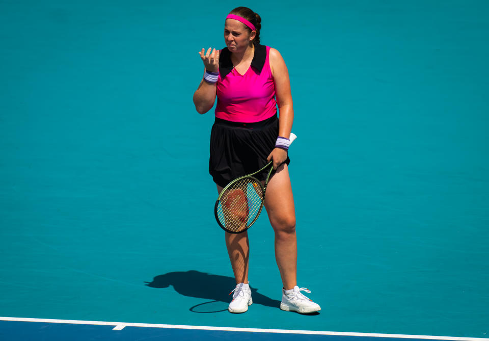 Jelena Ostapenko gesturing after a point.