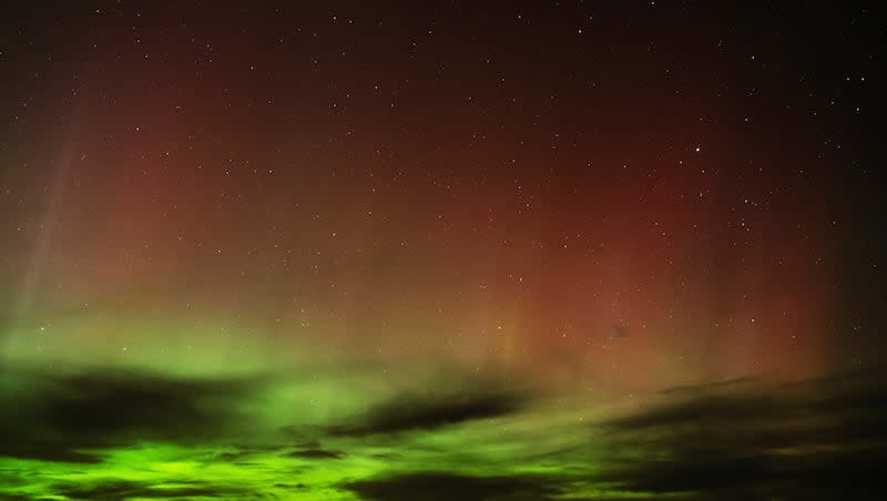 An aurora borealis, also known as the northern lights, is seen in the night sky in the early morning hours of Monday, April 24, 2023, near Washtucna, Wash. One of the strongest solar storms in nearly two decades is forecasted to hit Earth on Friday, bringing with it views of the northern lights across the United States.