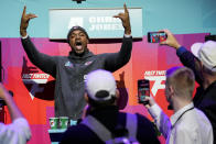 Kansas City Chiefs defensive tackle Chris Jones speaks to the media during the NFL football Super Bowl 57 opening night, Monday, Feb. 6, 2023, in Phoenix. The Kansas City Chiefs will play the Philadelphia Eagles on Sunday. (AP Photo/Matt York)