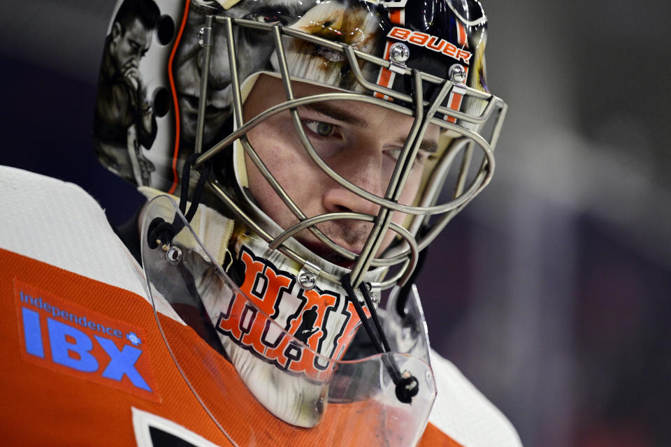 FILE - Philadelphia Flyers' goaltender Carter Hart in action during an NHL hockey game against the Colorado Avalanche, Saturday, Jan. 20, 2024, in Philadelphia. (AP Photo/Derik Hamilton, File)