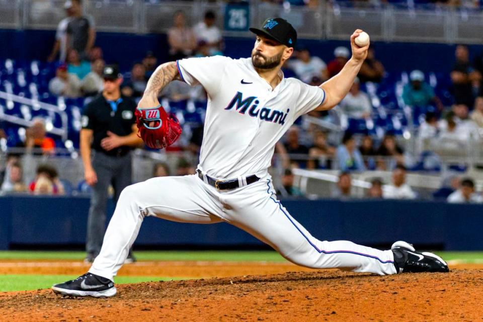 Miami Marlins pitcher Tanner Scott (66) throws a pitch during the 12th inning of an MLB game against the Philadelphia Phillies at loanDepot park in the Little Havana neighborhood of Miami, Florida, on Wednesday, August 2, 2023.