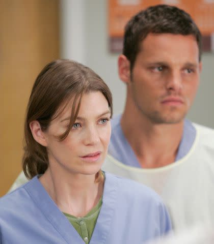 <p>Everett</p> Ellen Pompeo and Justin Chambers on 'Grey's Anatomy'
