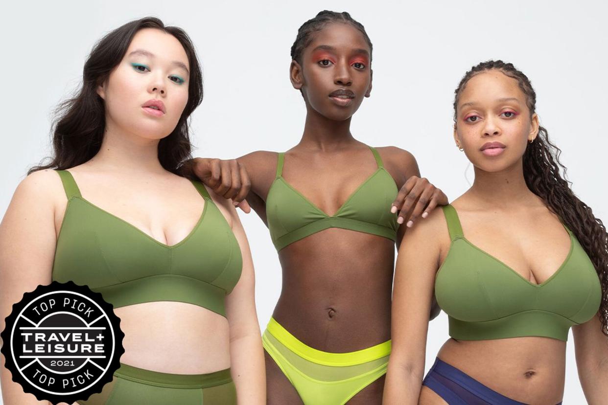 Women wearing olive green bralettes