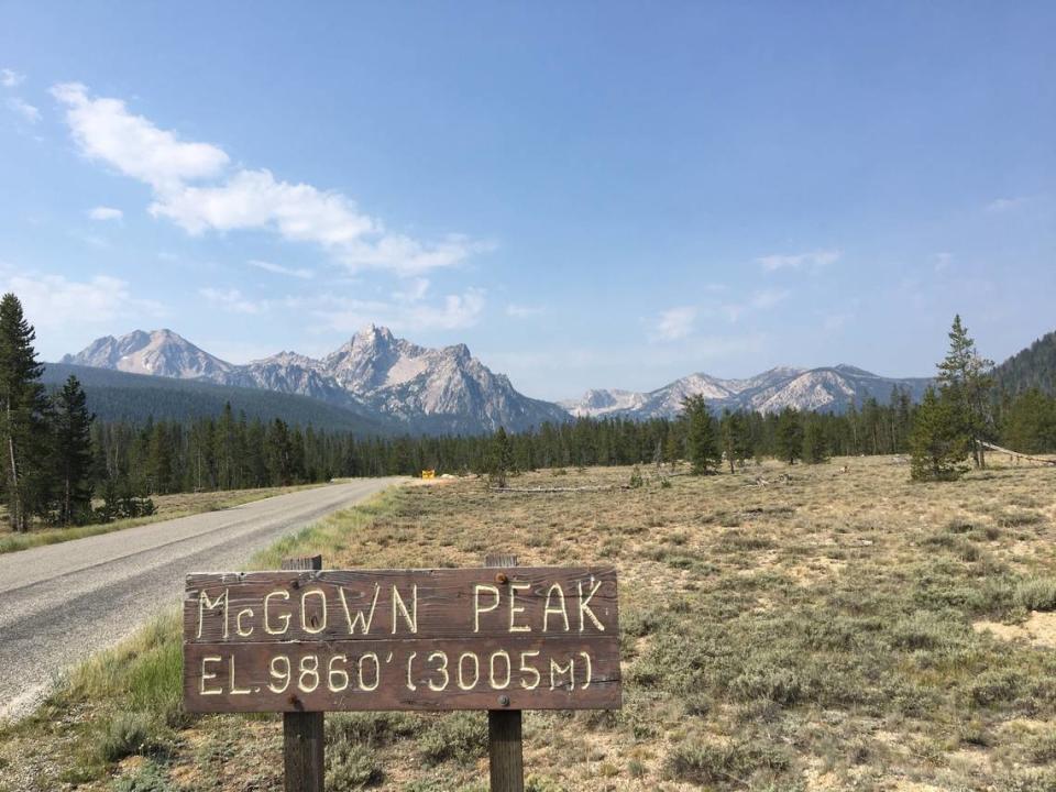 This wooden sign, photographed July 11, 2021, on the road into the Stanley Lake campground carries the misspelling of McGowan Peak. The name was misspelled on a U.S. Geological Survey map in 1972, and the misspelling caught on and can be found just about everywhere today. The McGowan family would like the error corrected.