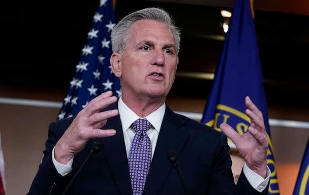 PHOTO: House Minority Leader Kevin McCarthy talks to reporters about the appropriations process by the majority Democrats to fund the government, in Washington, Dec. 14, 2022. (J. Scott Applewhite/AP)