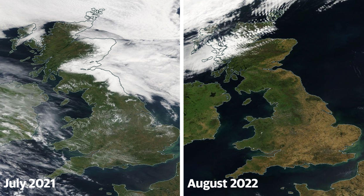 Comparative images from last year and this year shows the scale of how little rain the UK has had. (NASA)