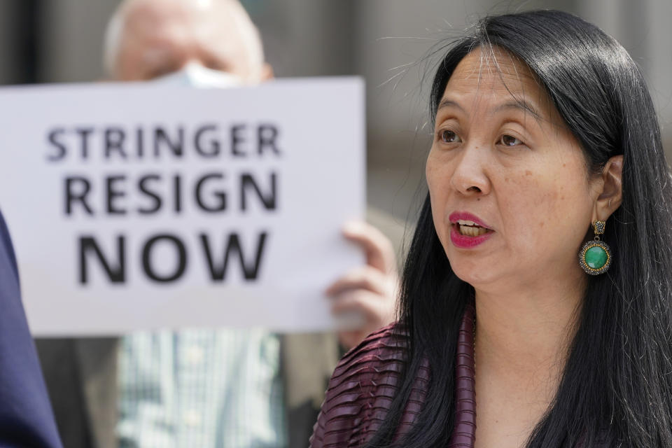 FILE - In this April 28, 2021, file photo, lobbyist Jean Kim speaks to reporters during a news conference in New York. Kim has accused mayoral candidate Scott Stringer of unwanted groping when she was working on his unsuccessful campaign for public advocate in 2001. (AP Photo/Mary Altaffer, File)