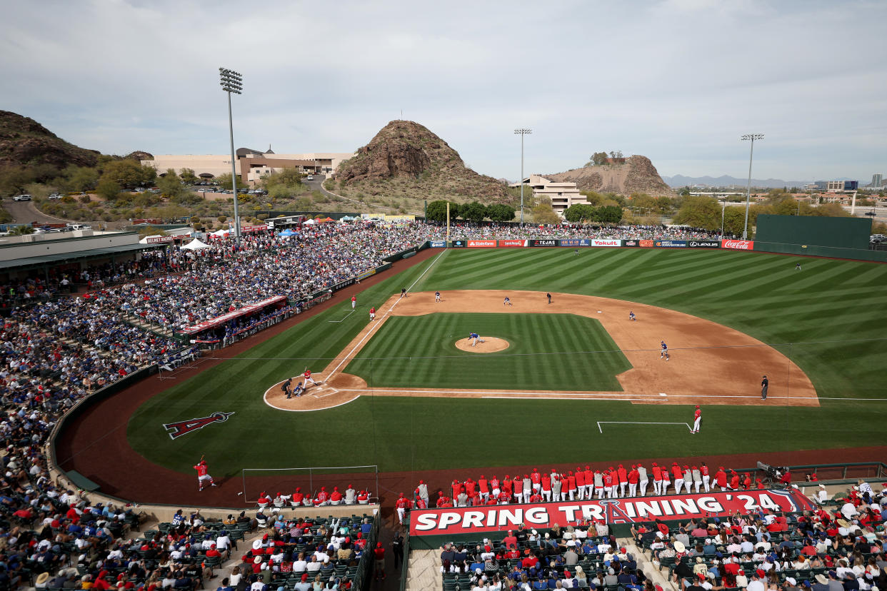 A general view during a spring training exhibition between the Angels and Dodgers at the Peoria Sports Complex in Tempe, Arizona. (Steph Chambers/Getty Images)