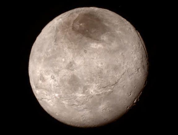 NASA’s New Horizons spacecraft captured this view of Pluto’s largest moon, Charon, on July 14, 2015, from a distance of 289,000 miles (466,000 kilometers).