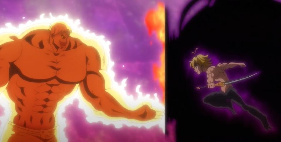 Escanor fighting Meliodas in demon form while closed in by Merlin's perfect cube