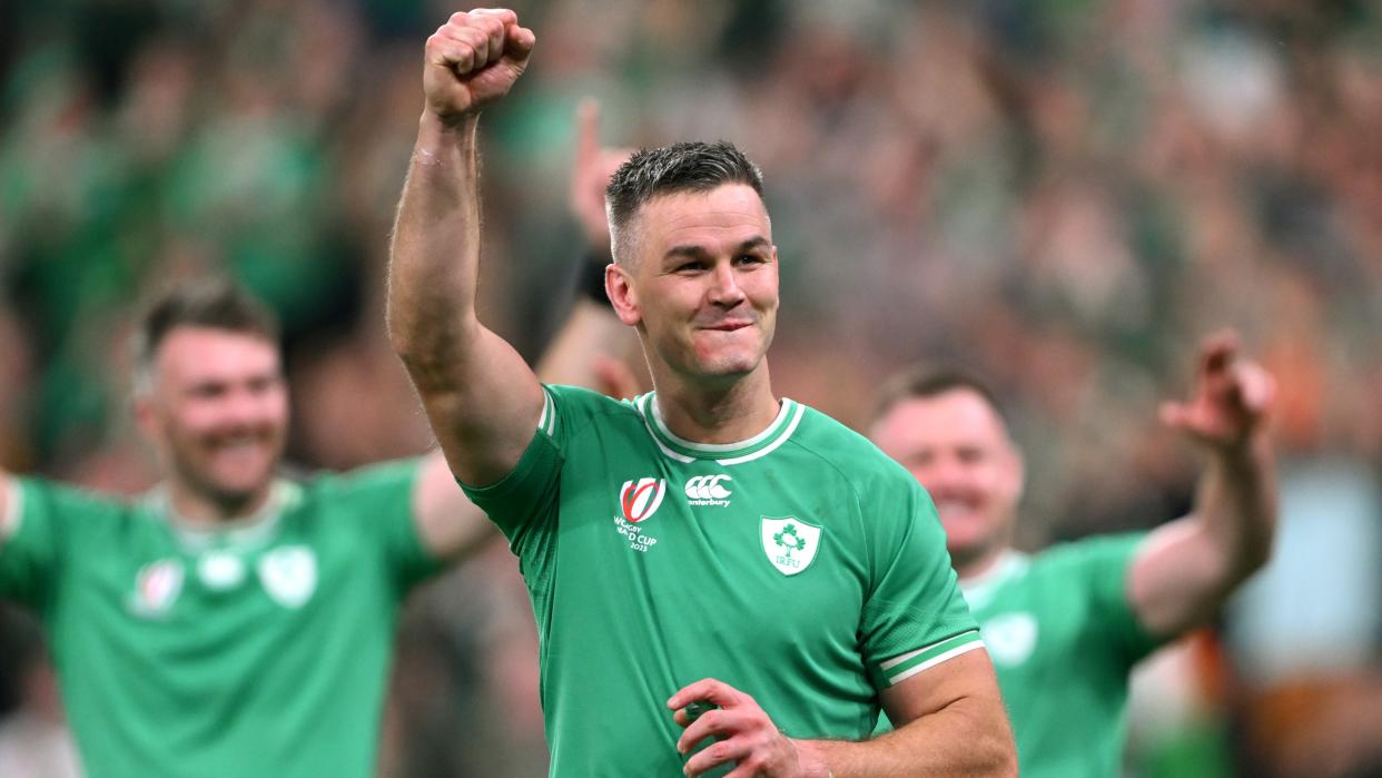  Johnny Sexton of Ireland celebrates victory after defeating South Africa ahead of the Ireland vs Scotland clash at the Rugby World Cup France 2023. 